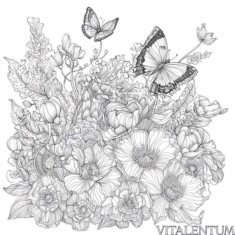 Intricate Black and White Floral and Butterfly Sketch AI Image