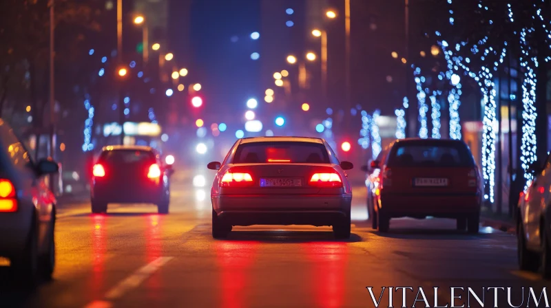 Bustling Night Street with Cars and Lights AI Image