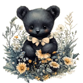 Adorable Bear Cub in a Garden of Flowers