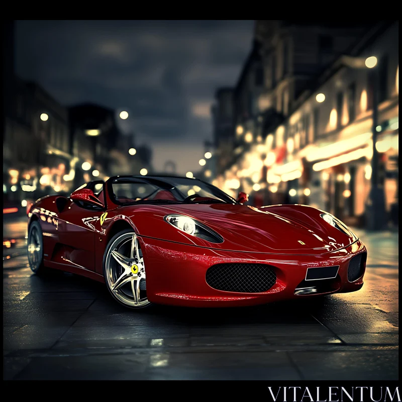 Luxury Red Car on Wet Cobblestone Street AI Image