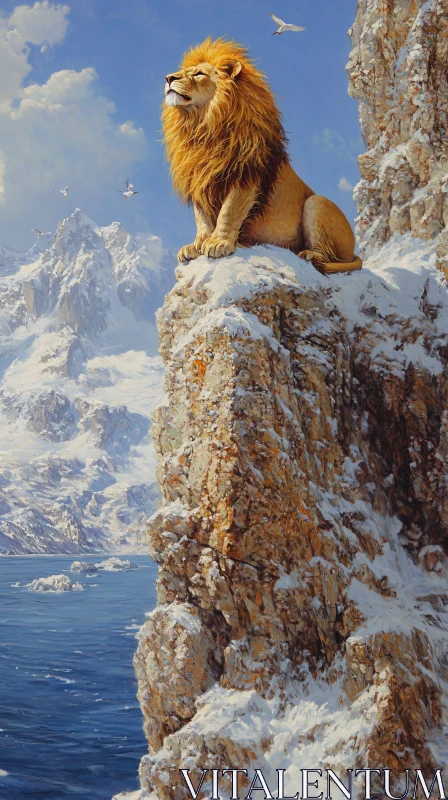 AI ART Lion on Cliff Amid Snowy Peaks