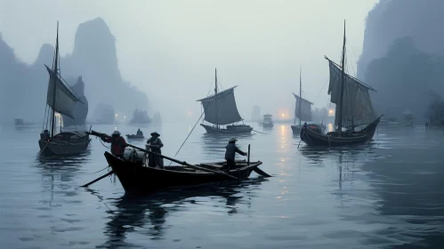 Foggy Morning Cityscape with Traditional Boats Artwork