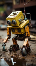 Yellow Robot on Muddy Ground - Recycled Material Art