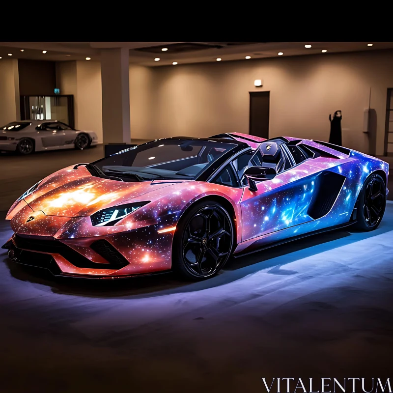 Convertible Sports Car with Cosmic Design in Showroom AI Image