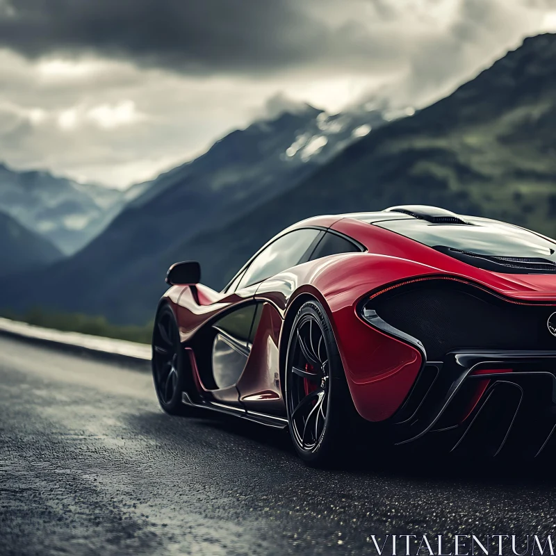 Exotic Red Car in Mountain Landscape AI Image