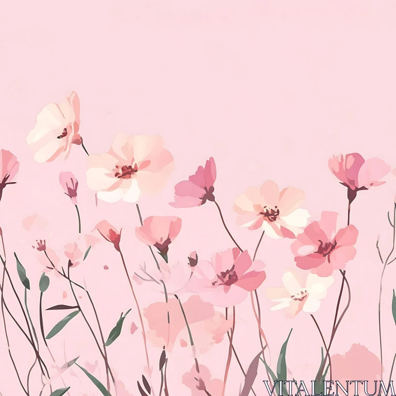 Pastel Pink Flowers Botanical Art AI Image