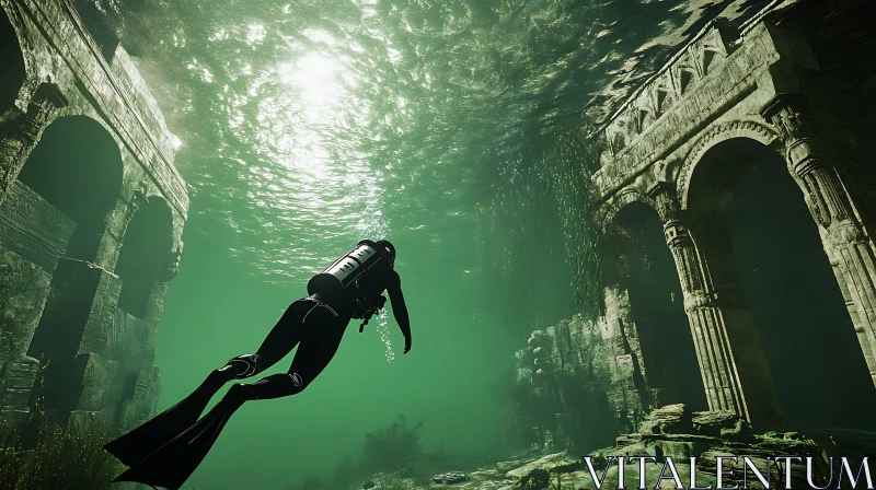 Diver Among Underwater Ruins AI Image