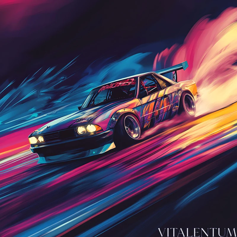 Colorful Night Car Drifting AI Image