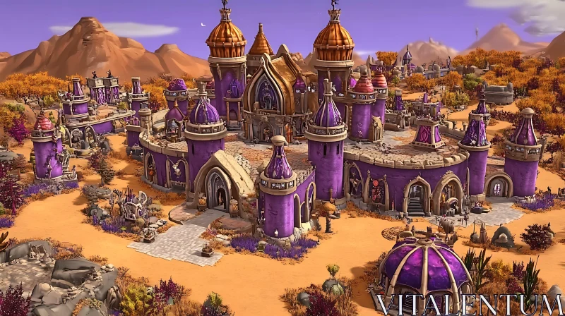 Purple Fantasy Architecture Amidst Desert Mountains AI Image