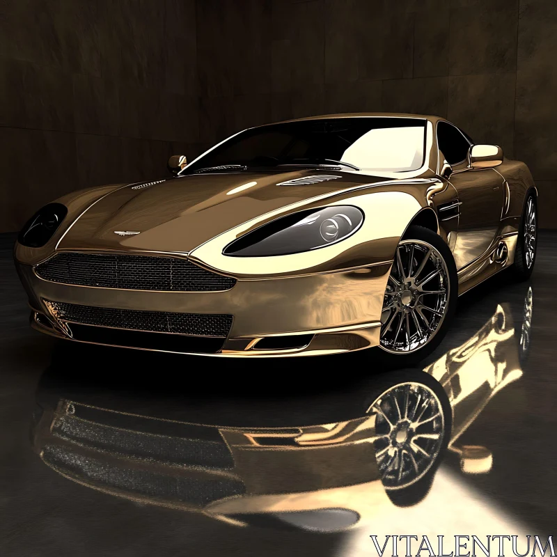 Golden Luxury Sports Car on Reflective Surface AI Image