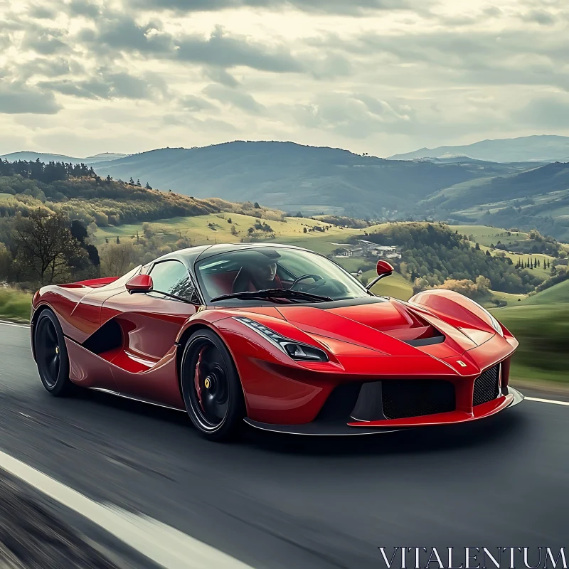 Luxury Red Car in Beautiful Landscape AI Image