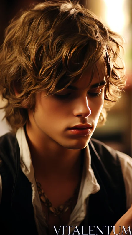Captivating Portrait of a Young Man with Curly Hair in Soft Focus Romanticism AI Image
