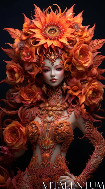 Detailed Orange Floral Woman in Fantasy Costume | Artwork AI Image