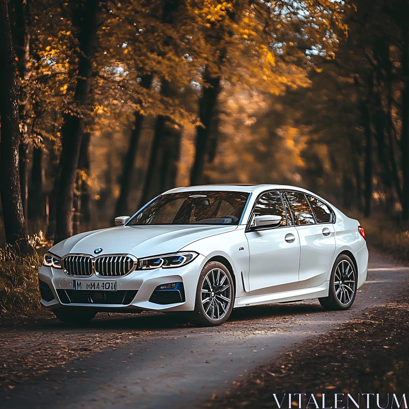 Elegant White Car in Autumn Forest AI Image