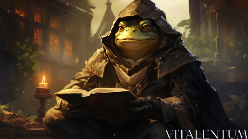 Enchanted Frog Reading in Candlelight - Old Town Setting AI Image