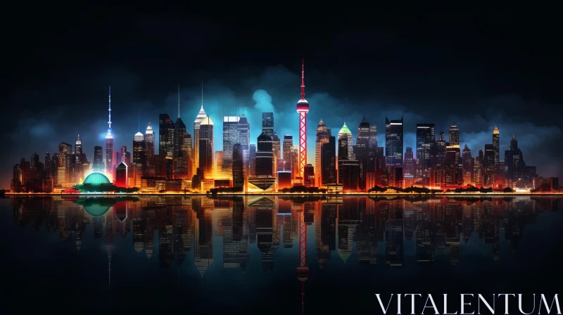 Illuminated City Skyline at Night with Chinese Aesthetic AI Image