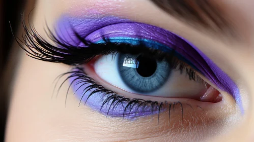 Purple and Azure Eye Makeup: Accurate and Detailed Close-Up Shot
