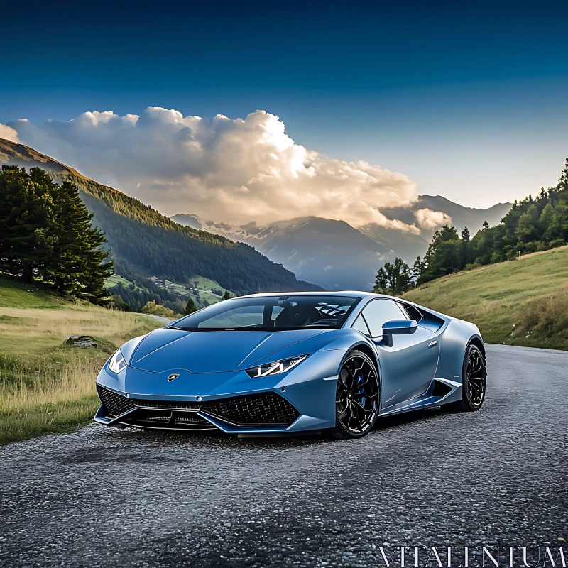 Luxury Blue Car on Mountain Road AI Image