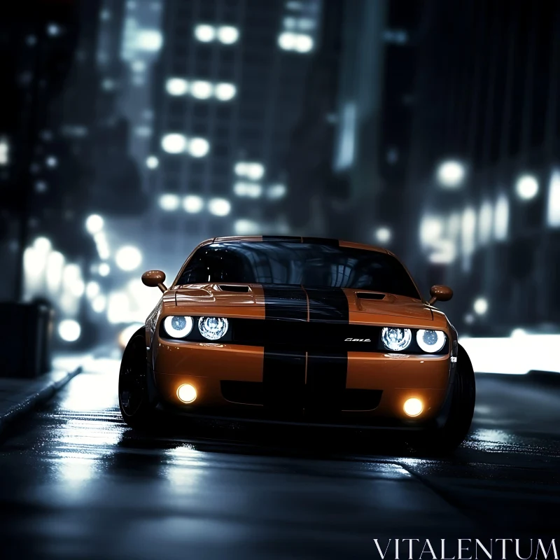 Nighttime Urban Scene with Muscle Car AI Image