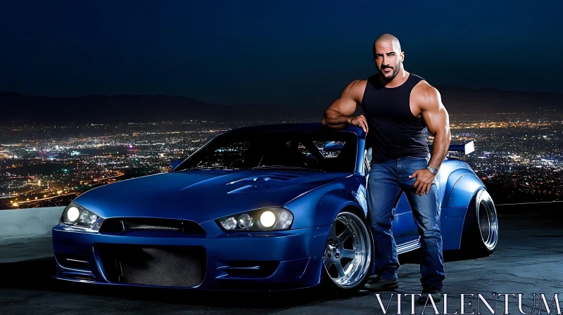 Muscular Man with a Blue Sports Car in the City AI Image