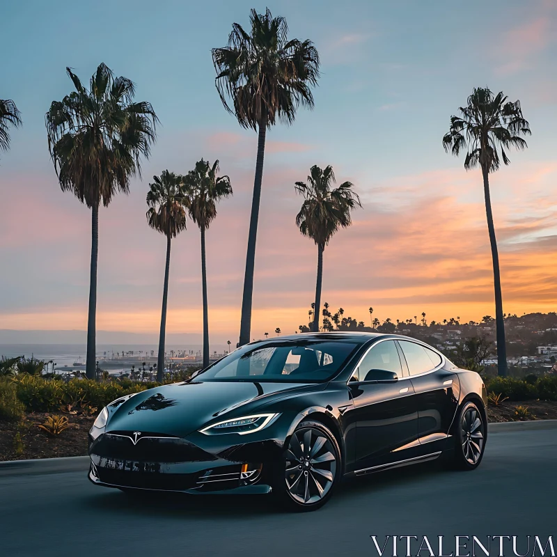 Luxury Electric Car in Scenic Sunset Setting AI Image