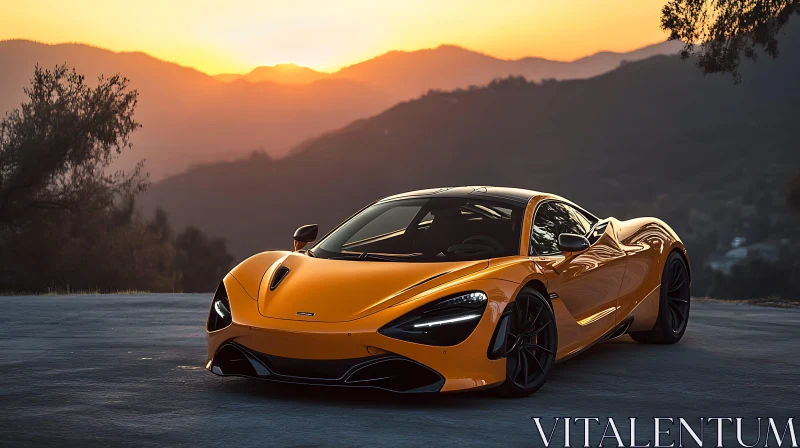 Luxury Sports Car Amidst Sunset and Mountains AI Image