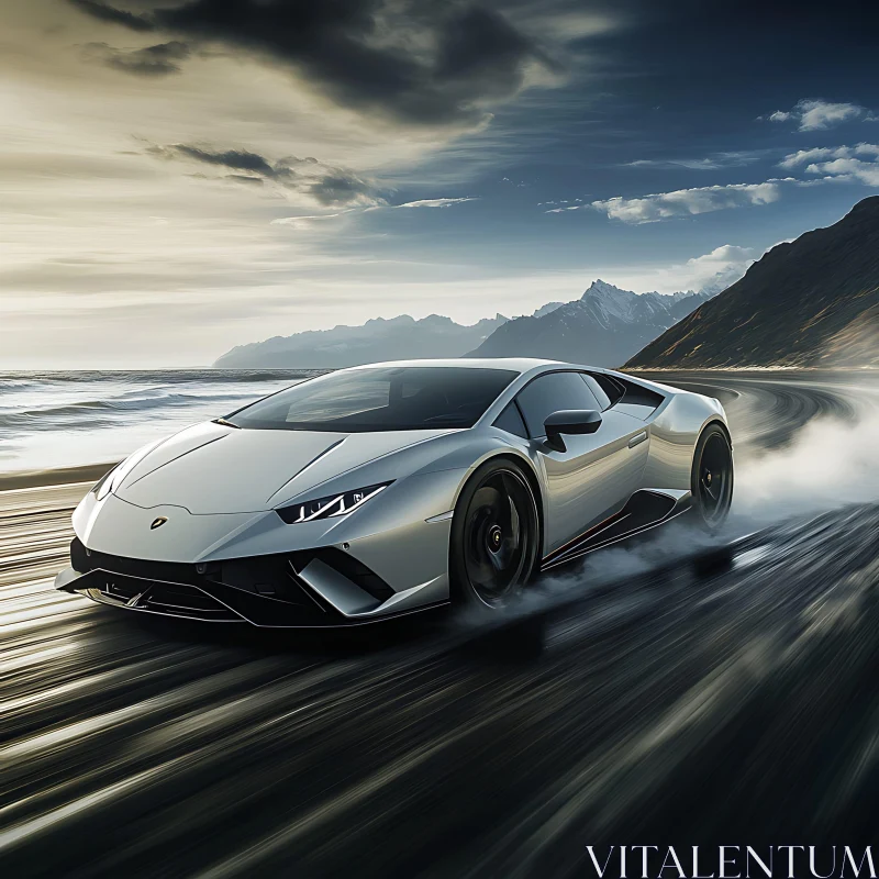 Luxury Sports Car with Mountain and Coastal Backdrop AI Image