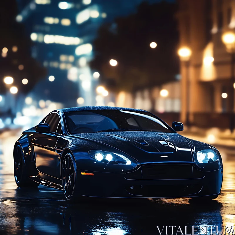 Sophisticated Black Car in Nighttime Cityscape AI Image