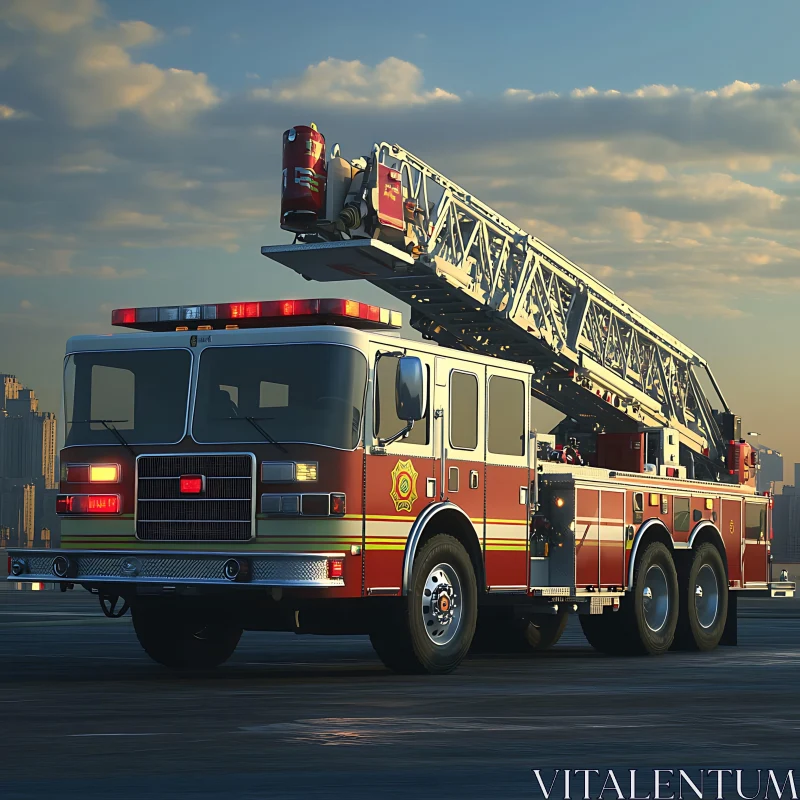 Firefighting Vehicle in Cityscape at Dusk AI Image