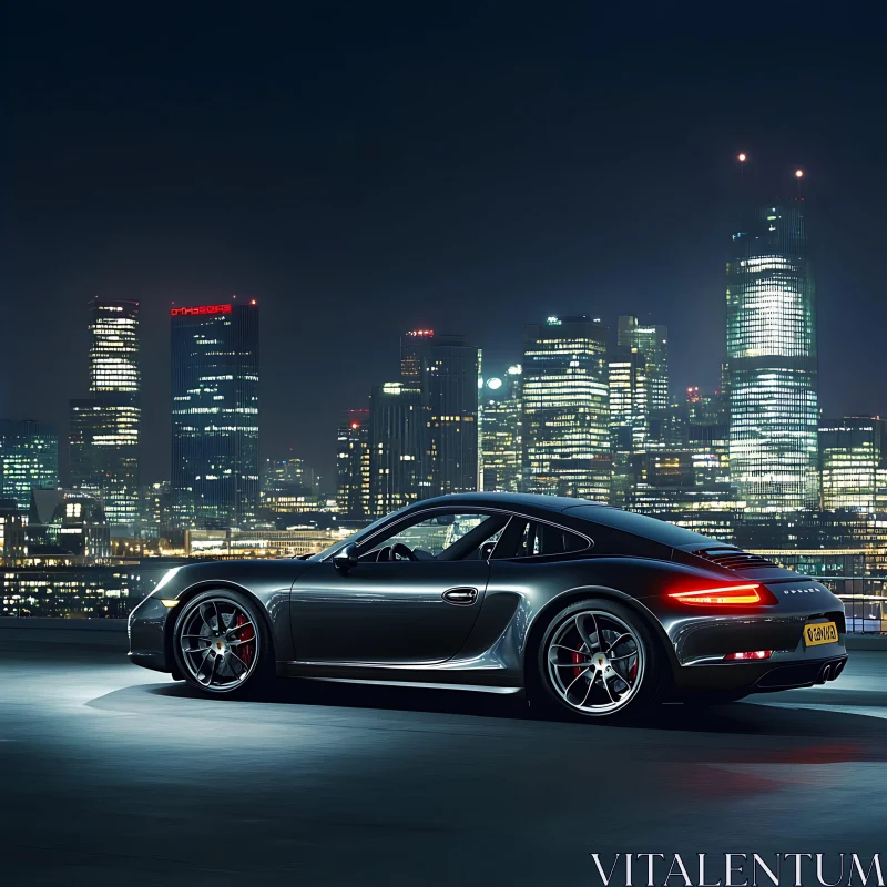 Night View of Sports Car and City Skyline AI Image