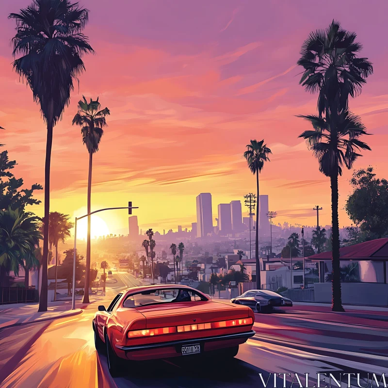 AI ART Evening Drive through Sunset Cityscape