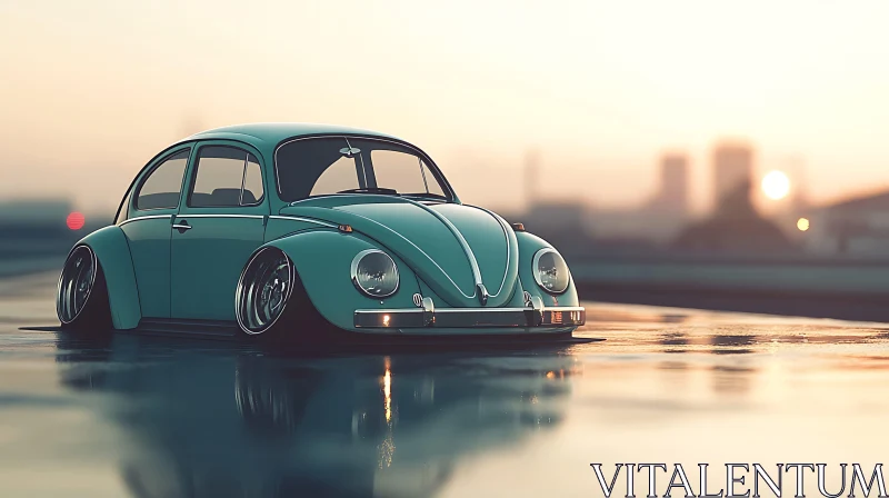 Vintage Beetle Car Against City Sunset AI Image