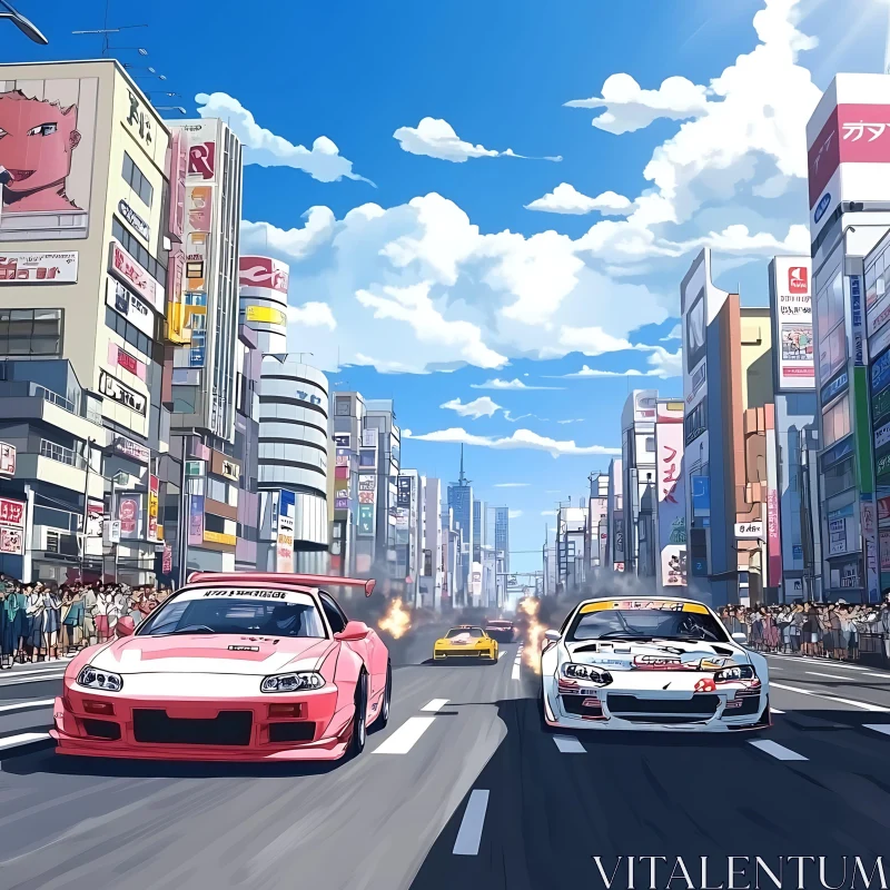 High-Speed Anime Car Race in a Vibrant Cityscape AI Image