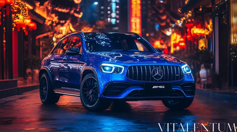 Urban Night City with Blue Luxury Car AI Image