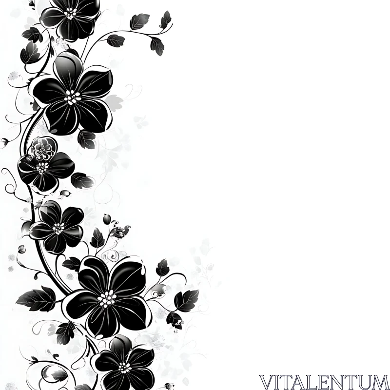 Black Flowers with Vines on White AI Image