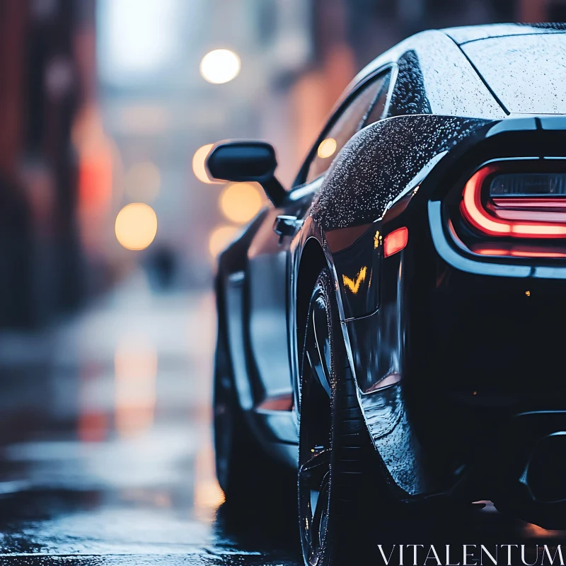 Moody Rainy Night with Black Car AI Image