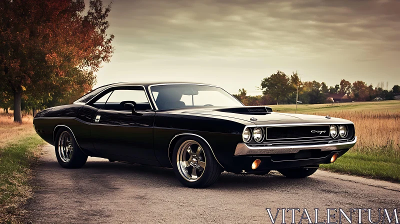 Classic Black Muscle Car on Countryside Road AI Image