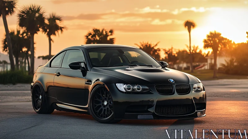 AI ART Luxury Black BMW with Sunset and Palm Trees