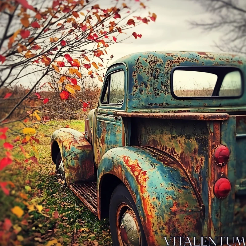 Weathered Antique Truck Amidst Fall Foliage AI Image