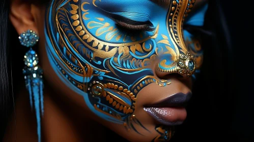 Captivating Woman with Blue and Gold Face Paint - Highly Detailed Illustrations