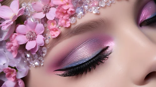 Captivating Woman with Pink Flowers and Blue Eye Shadow