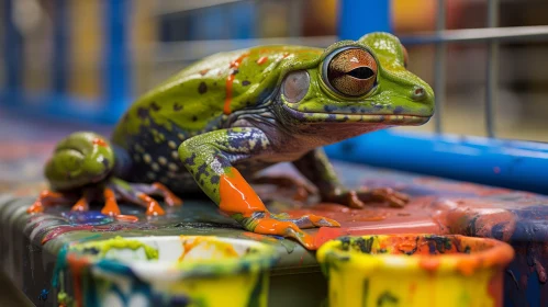 Green Tree Frog Amidst Colorful Paints: An Artistic Wildlife Scene