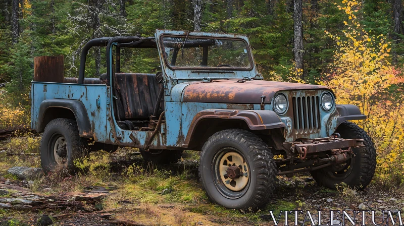 Rustic Old Jeep in Autumn Forest AI Image