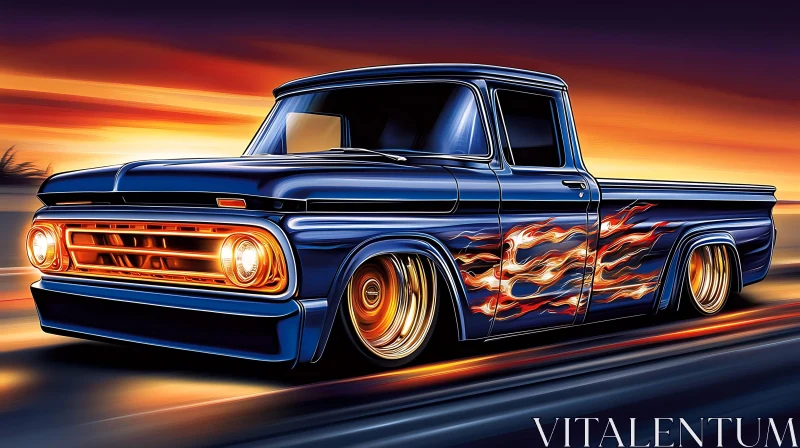 Classic Truck with Flames in Sunset Motion AI Image