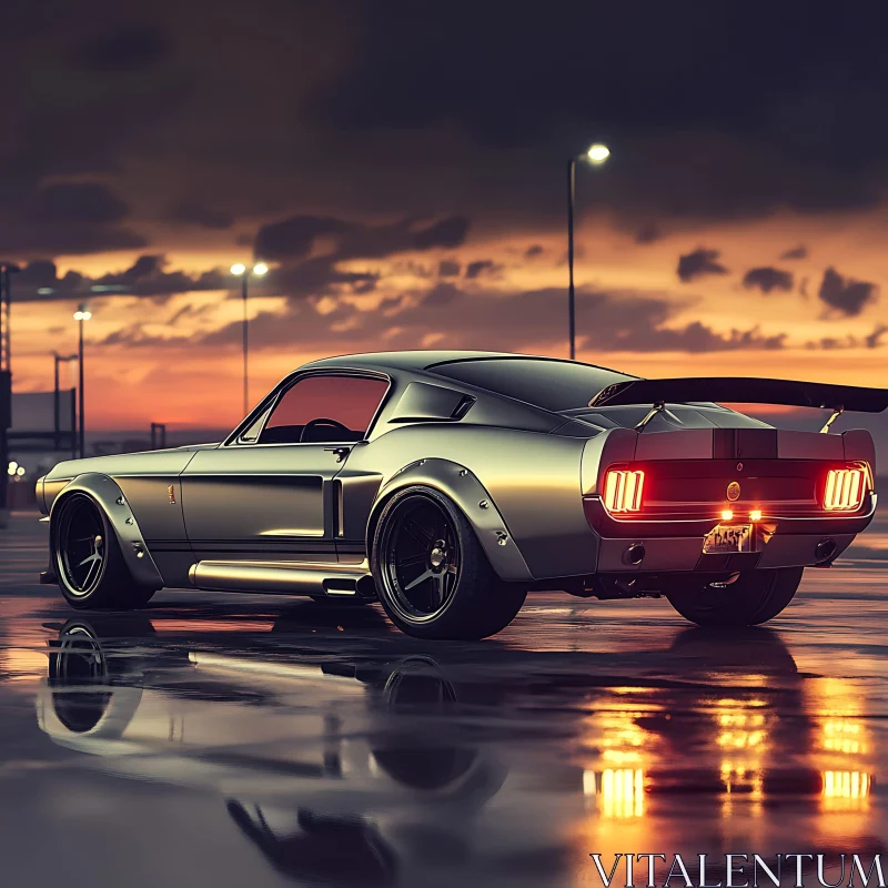 AI ART Silver Muscle Car Reflection at Sunset