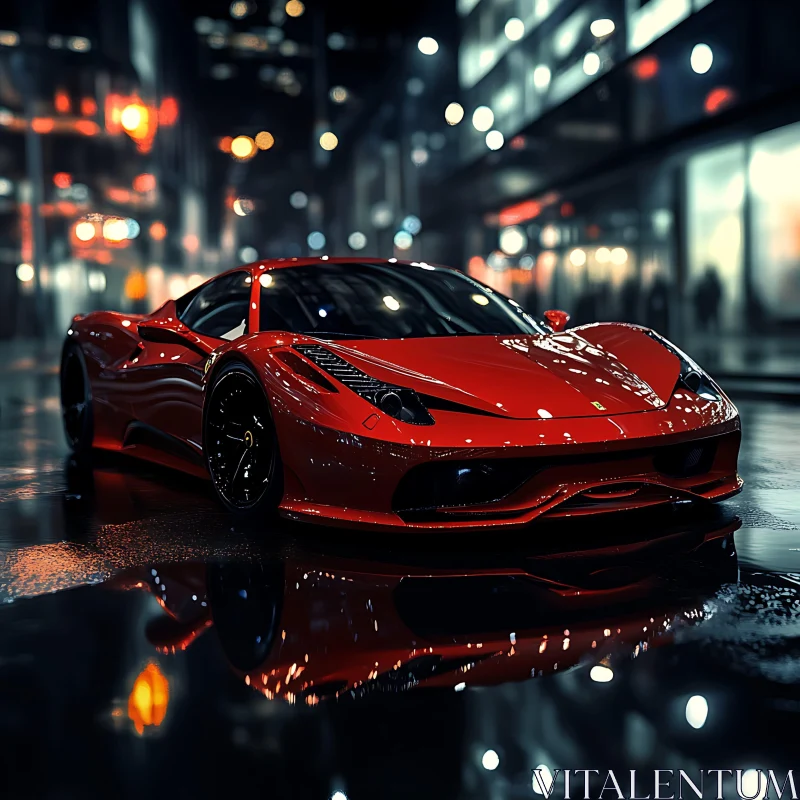 Luxurious Red Car in Urban Nightscape AI Image