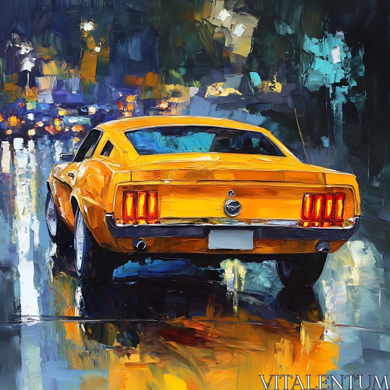 Retro Yellow Car Driving Rainy Night AI Image