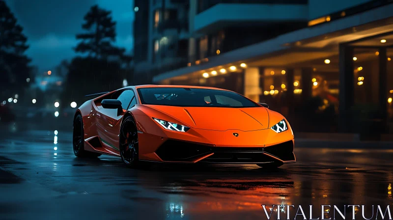 Glistening Orange Sports Car at Night AI Image