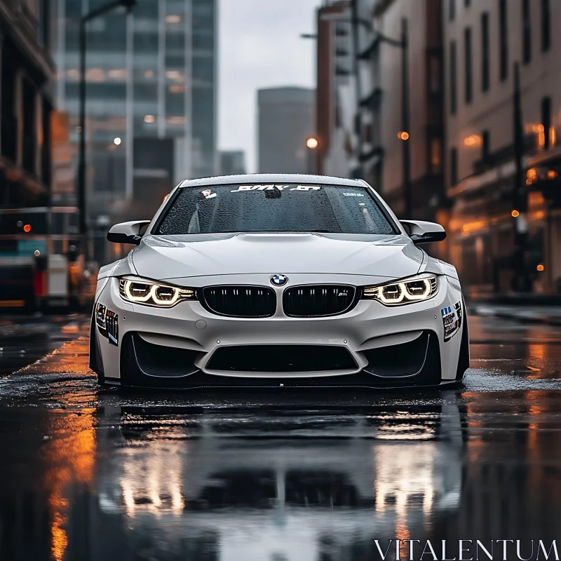 White BMW on Wet City Street AI Image