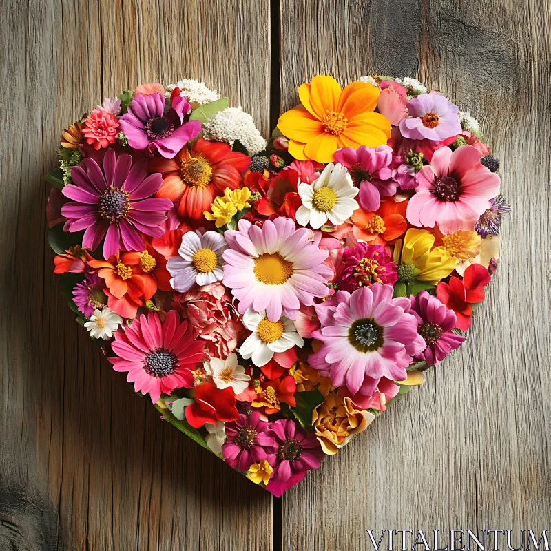 AI ART Colorful Floral Heart on Rustic Wood